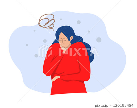 irritated frustrated sad woman feeling tired worried about problem character standing touching cheek. Vector Illustration. 120193484