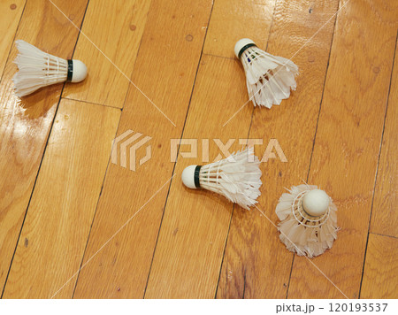 室内のスポーツセンターの床にあるたくさんのバドミントンのシャトルの様子 120193537