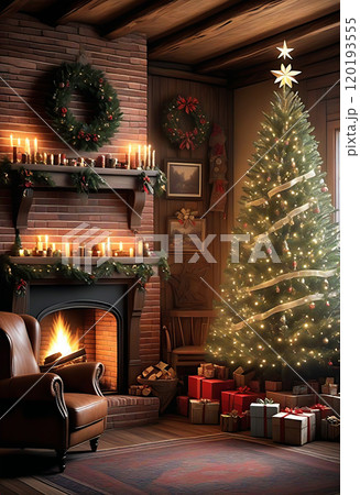 クリスマスツリーとレンガ造りの暖炉とソファーのあるクリスマスの飾りをした古い洋室。AI生成 120193555
