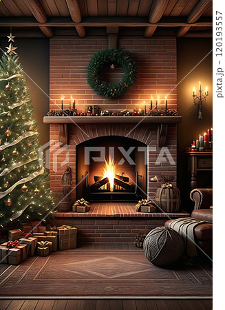 クリスマスツリーとレンガ造りの暖炉とソファーのあるクリスマスの飾り