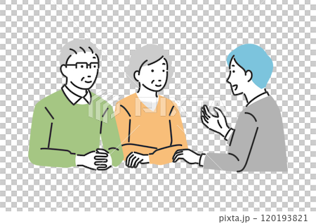 Illustration of a senior couple receiving an explanation from a sales man Illustration of a senior couple receiving an explanation from a sales man 120193821