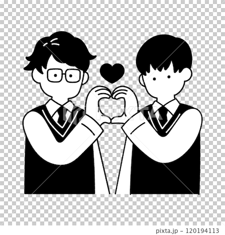 一對穿著校服的好朋友[男]用手做一顆心的單色插圖 120194113
