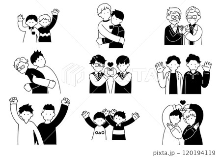 多世代の仲良しペア[男性]の単色イラスト(セット) 120194119