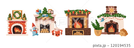 Fireplaces with Christmas decorations vector objects set Fireplaces with Christmas decorations vector objects set 120194535