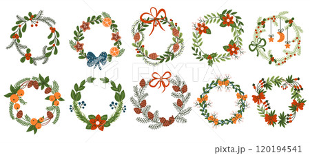 Christmas wreaths with decorations flat vector objects set Christmas wreaths with decorations flat vector objects set 120194541