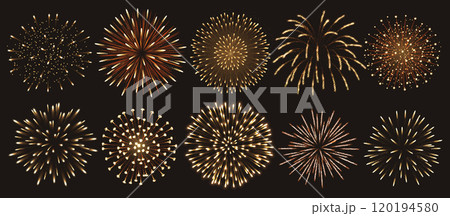 Golden fireworks exploding lights realistic color icons set 120194580