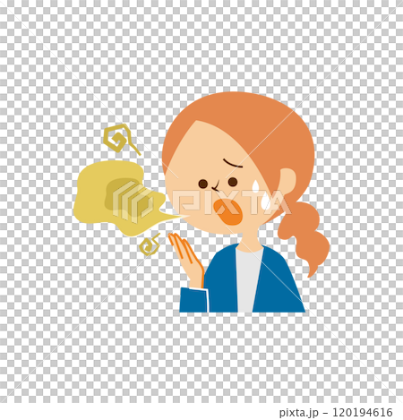 Cute illustration of a woman suffering from bad breath Cute illustration of a woman suffering from bad breath 120194616