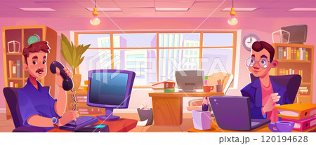 Two men working at table in office room interior 120194628