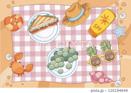 Summer picnic on sandy beach 120194649