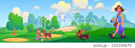 People walking dogs in summer city park 120194670