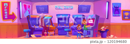 Kid boys playing arcade in retro game machine room 120194680