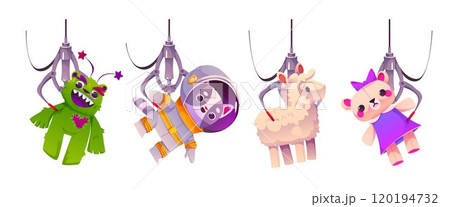 Grabber slot machine robotic claw with plush toys. Grabber slot machine robotic claw with plush toys. 120194732