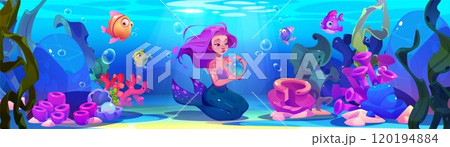 Cute fairy mermaid on sea bottom play with bubble. Cute fairy mermaid on sea bottom play with bubble. 120194884