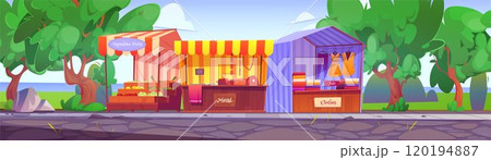 Street market stalls in green summer park Street market stalls in green summer park 120194887