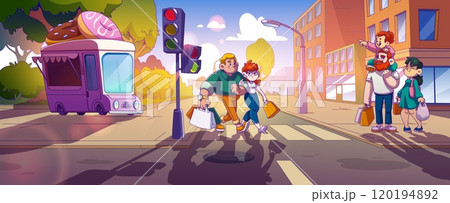People crossing city street on sunny day 120194892