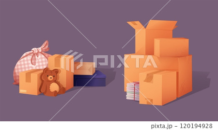 Packed cardboard boxes set isolated on black 120194928