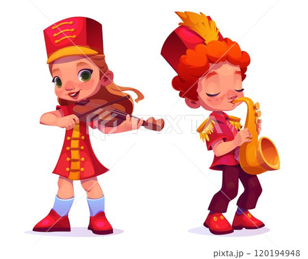 Cute kid in march uniform with musical instrument 120194948