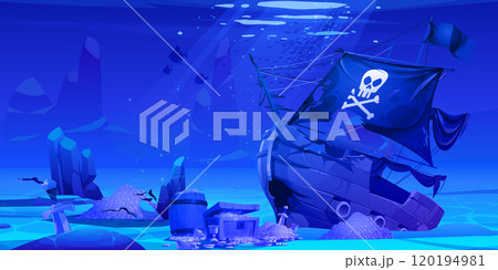 Sunken pirate ship with treasure underwater 120194981