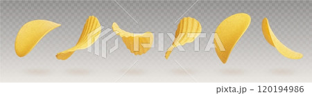 Flying crisp potato chip 3d realistic set Flying crisp potato chip 3d realistic set 120194986