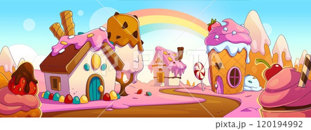 Sweet candy land background. Fantasy game cartoon 120194992