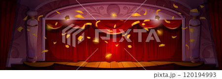Empty cartoon theatre stage with red curtain 120194993