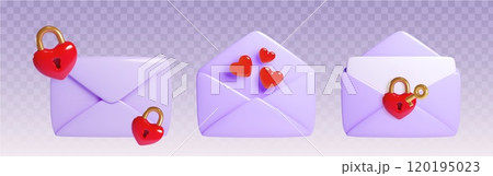 3d love letter. Purple heart mail icon vector 120195023