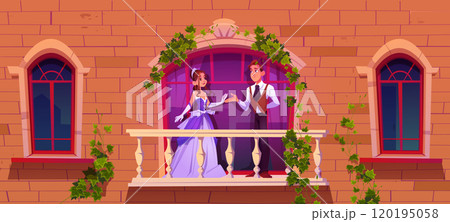Princess and prince on balcony of medieval castle 120195058