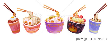 Noodle with chopsticks in cardboard cup and bowl. 120195084