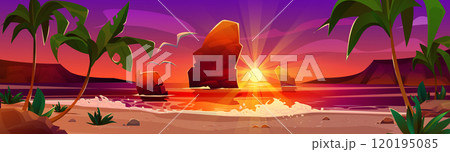 Tropical sunset sea beach with palm trees 120195085