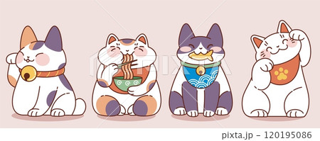 Japanese lucky cat in different poses 120195086