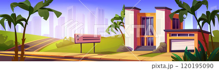 Modern suburban mansion against cityscape 120195090