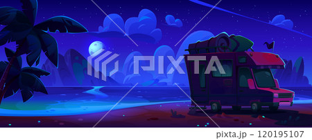 Camper van standing on sea beach at night 120195107