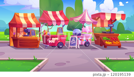 City park landscape with street food market shops 120195139