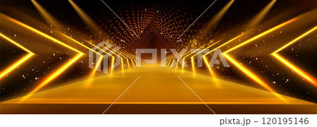 Gold stage runway with neon arrow and spotlight 120195146