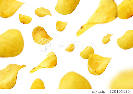 Potato chips flying on white background 120195150