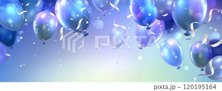 Blue birthday banner with balloons and confetti 120195164