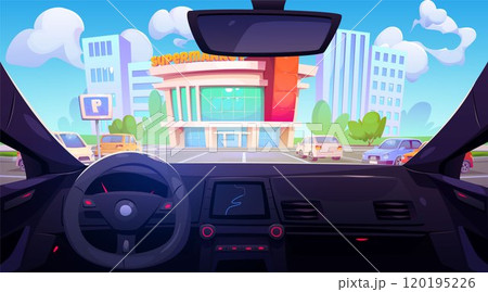 View through car windshield on supermarket parking View through car windshield on supermarket parking 120195226