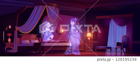 Dark haunted bedroom with ghosts 120195239