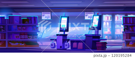 Supermarket with self checkout kiosk service 120195284