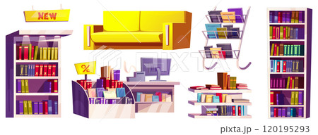 Bookstore furniture set isolated on white Bookstore furniture set isolated on white 120195293