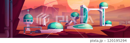 Outer space red alien planet with station Outer space red alien planet with station 120195294