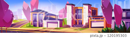Spring neighborhood street with house landscape 120195303