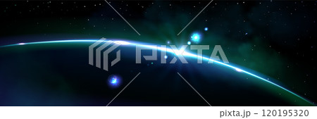 Planet horizon blue glow with rays and sparkle. 120195320