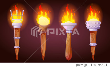 Burning fire torches set isolated on black 120195321