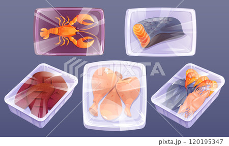 Frozen seafood and meat in plastic package Frozen seafood and meat in plastic package 120195347