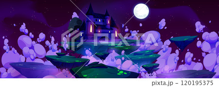 Fairy castle on flying islands in sky at night 120195375