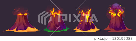Volcano eruption set isolated on black background Volcano eruption set isolated on black background 120195388