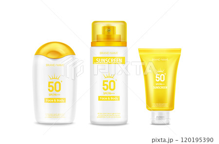 Sunscreen cream bottle and tube with yellow cap. 120195390