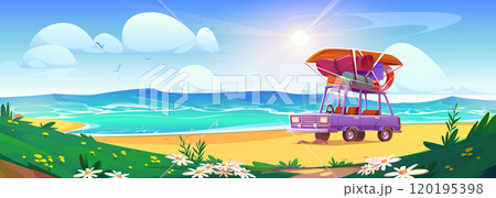 Car with baggage on top parked on summer beach 120195398