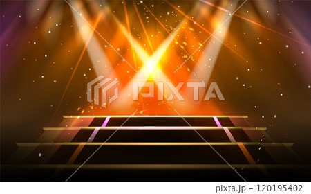 Gold light show stage. Abstract spotlight podium 120195402